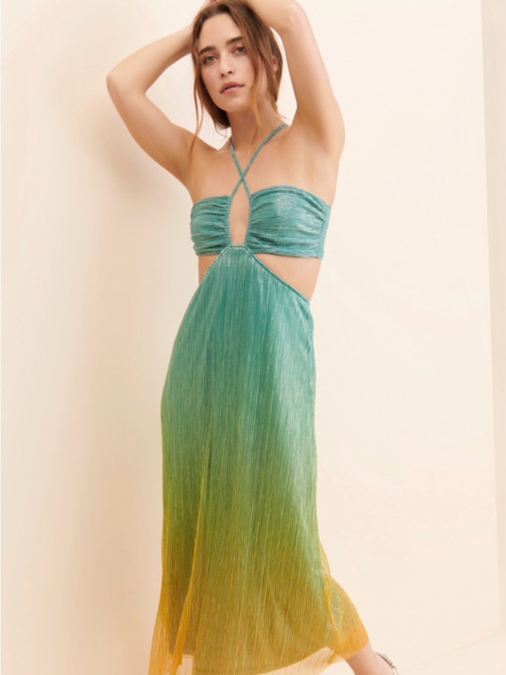 Dress Forum Teal-to-Yellow Ombre Strapless Midi Dress